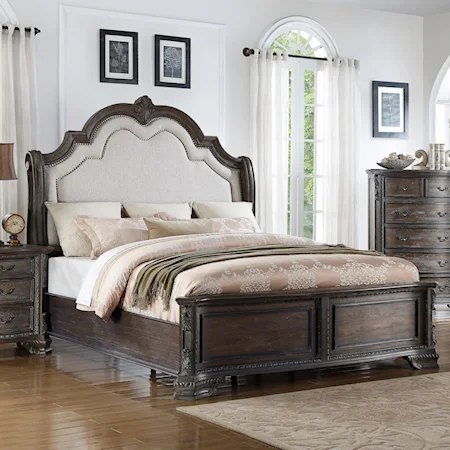 Queen Panel Bed with Upholstered Headboard and Nailhead Trim